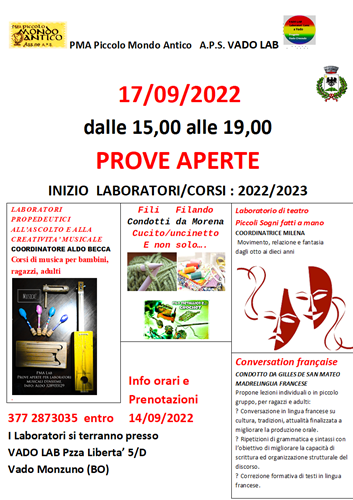 PROVE APERTE LABORATORI/CORSI 17/09/2022 dalle 15,00 alle 19,00